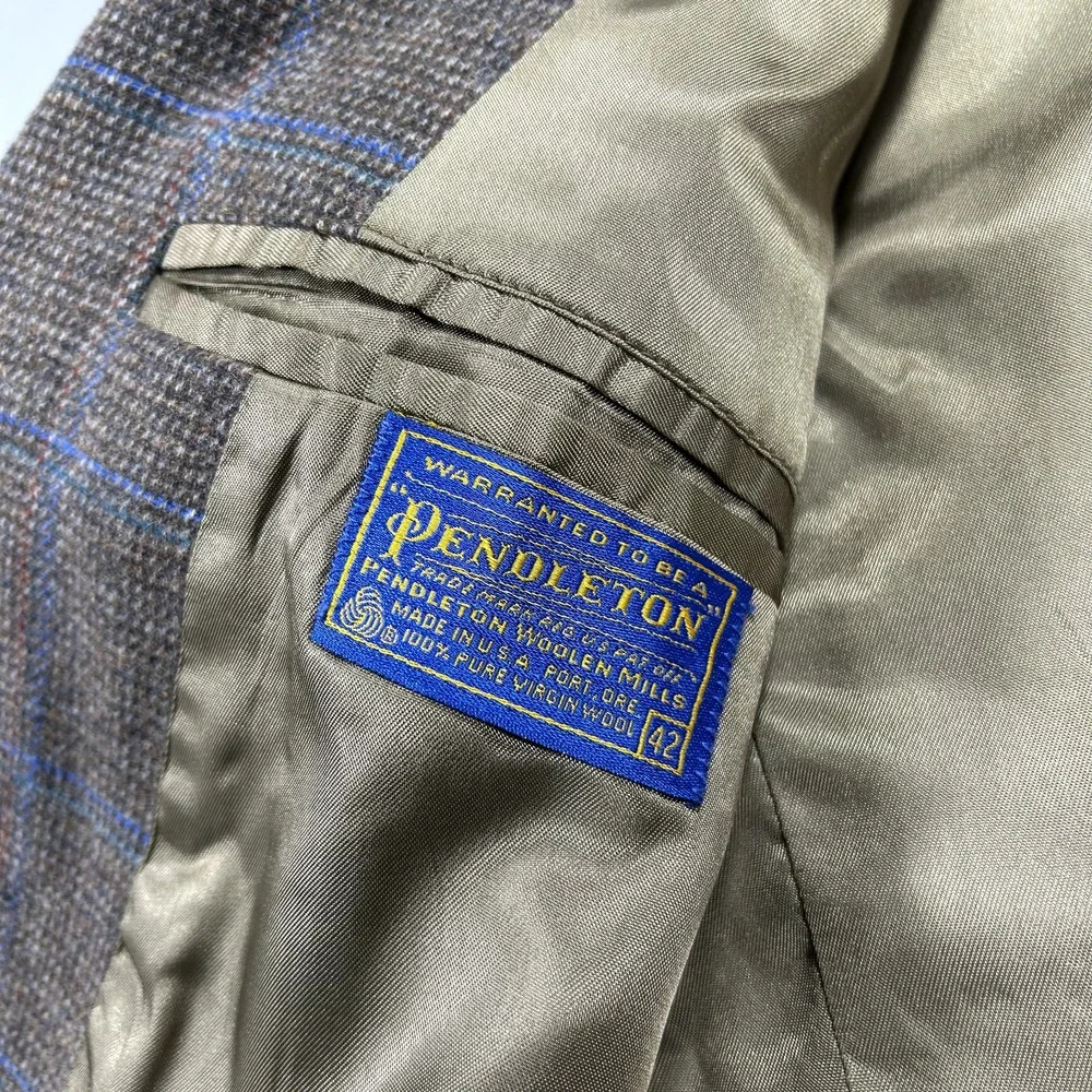 VINTAGE Pendleton‎ Blazer Mens 42 Brown Check Wool Sport Coat Jacket 80s